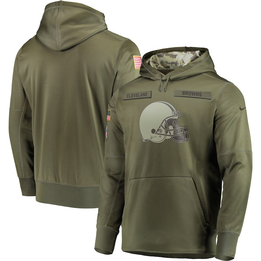 Men's Cleveland Browns 2018 Olive Salute to Service Sideline Therma Performance Pullover Stitched Hoodie